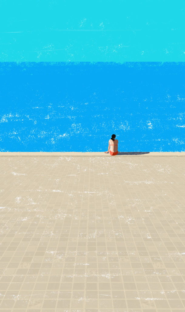 夏日蜡笔手绘海滩女人背影，卡通风格PNG透明图片背景素材下载