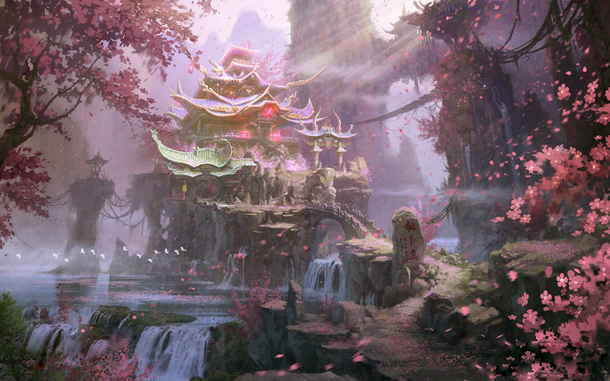 武侠桃花岛唯美背景，抽象梦幻PNG透明图片，高清设计素材下载