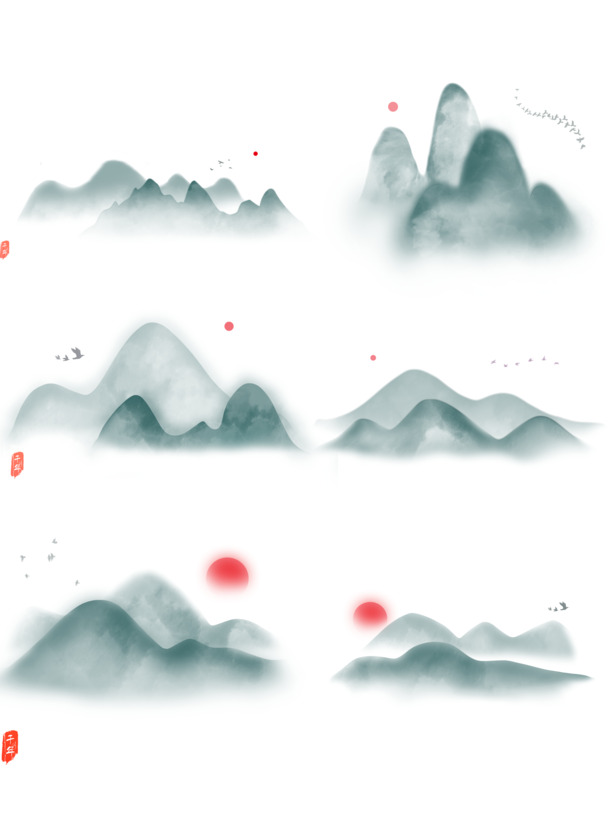青黛水墨山水PNG透明图，高清装饰元素，笔触设计素材下载
