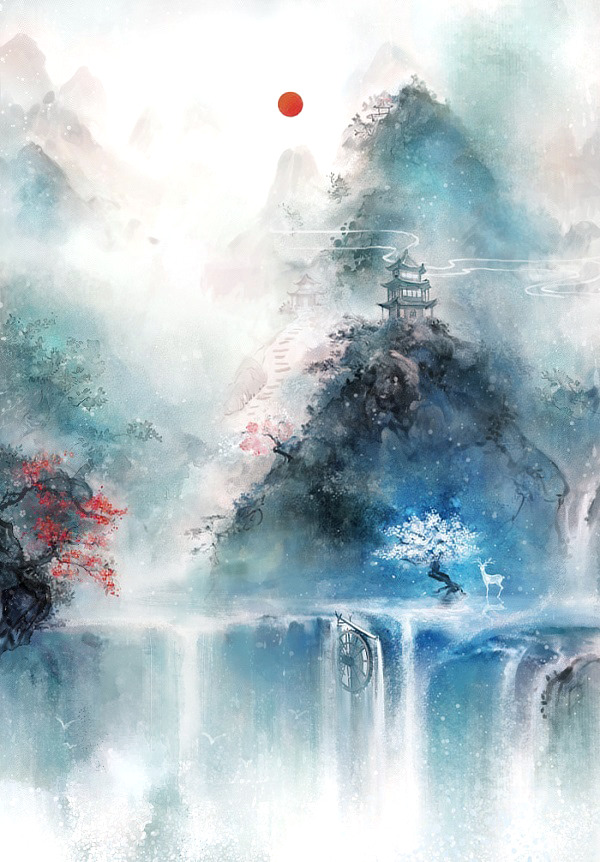 古风水彩插画PNG透明图，唯美装饰元素，笔触墨迹设计素材下载