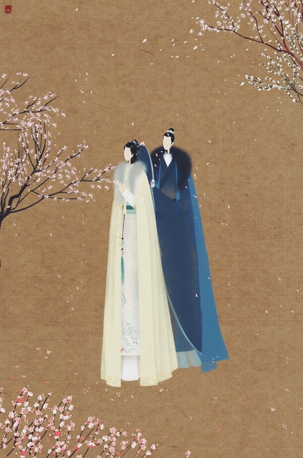 手绘古风情侣离别插画，高清PNG透明背景，H5设计素材下载