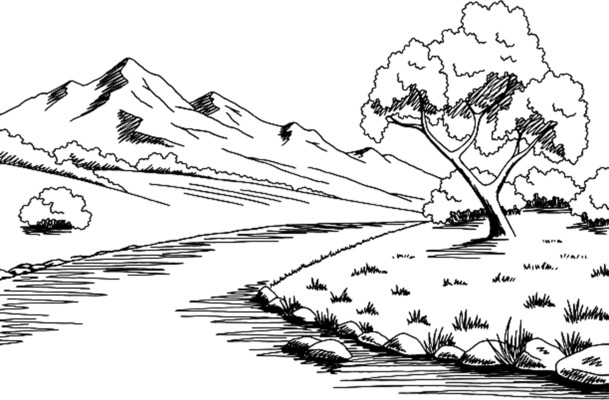 高清PNG透明山河风景图，手绘卡通矢量PSD设计素材下载