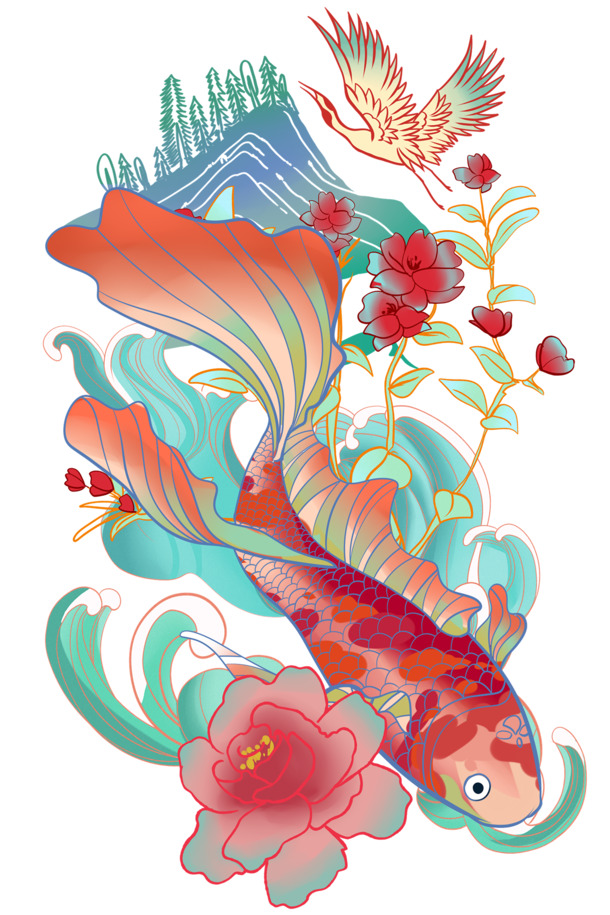 金鱼仙鹤国潮插画，荷花高清PNG透明图片，国庆节日元素设计素材下载