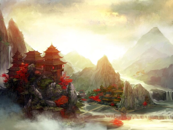 彩绘游戏阁楼天空光效PNG背景，卡通手绘设计素材下载