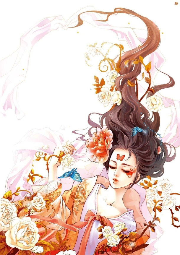 橙色蝴蝶花仙子古风手绘PNG透明背景，卡通手绘设计素材高清下载