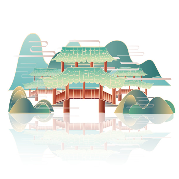 中国风工笔画山水PNG透明图片，高清装饰元素，设计素材下载