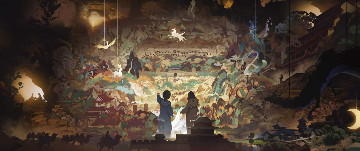 敦煌奇幻之夜，绝美3440x1440带鱼屏壁纸，高清4K动漫风格下载