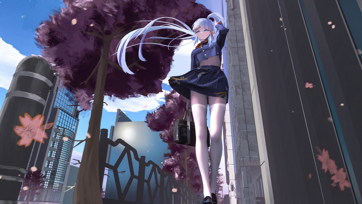 神里绫华JK版长腿美女，高清4K长筒袜原神壁纸，3840x2160分辨率，精美下载