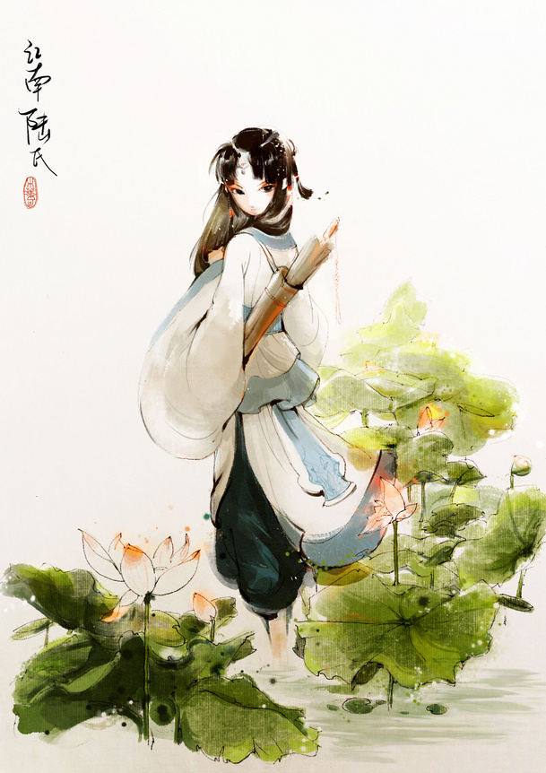 手绘古风江南女子PNG透明背景图，卡通手绘设计素材下载