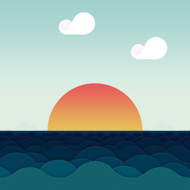 卡通海上日出PNG透明背景，高清海报设计素材免费下载