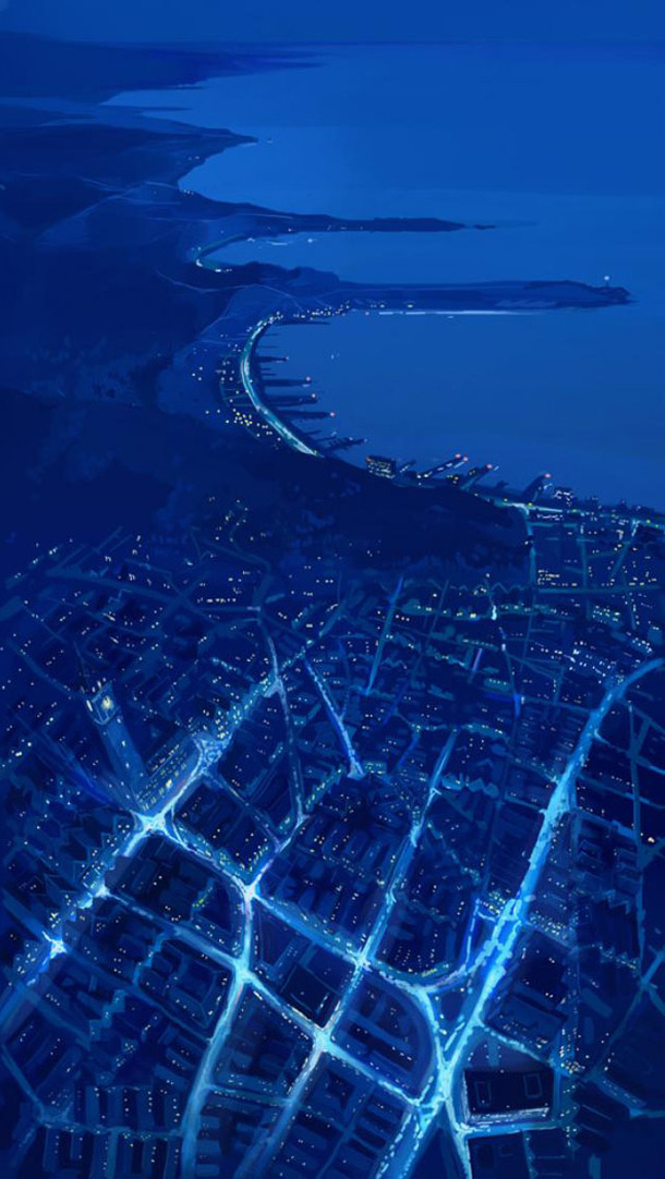蓝色海洋城市夜景PNG透明背景，H5设计素材高清下载