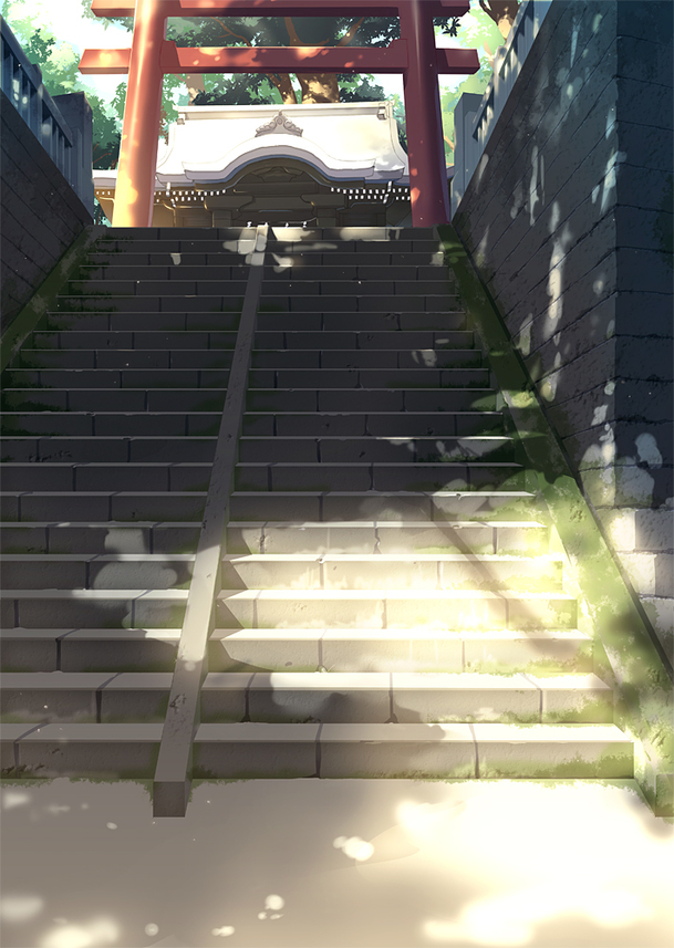 治愈系神社台阶插画，高清PNG透明背景，动漫风格H5设计素材下载