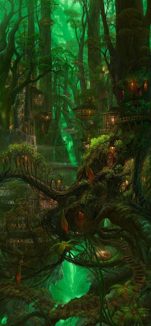 神秘绿林房舍PNG背景图，高清透明H5设计素材下载