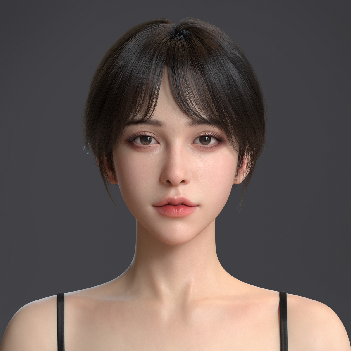 绝美3D女神面容，深邃眼眸、诱人红唇，黑色吊带风情尽显，4K超高清壁纸，尽享极致视觉盛宴！