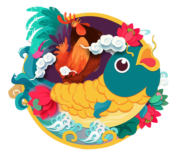 卡通鲤鱼驮酉鸡PNG图片，节日元素高清透明，PSD格式设计素材免费下载