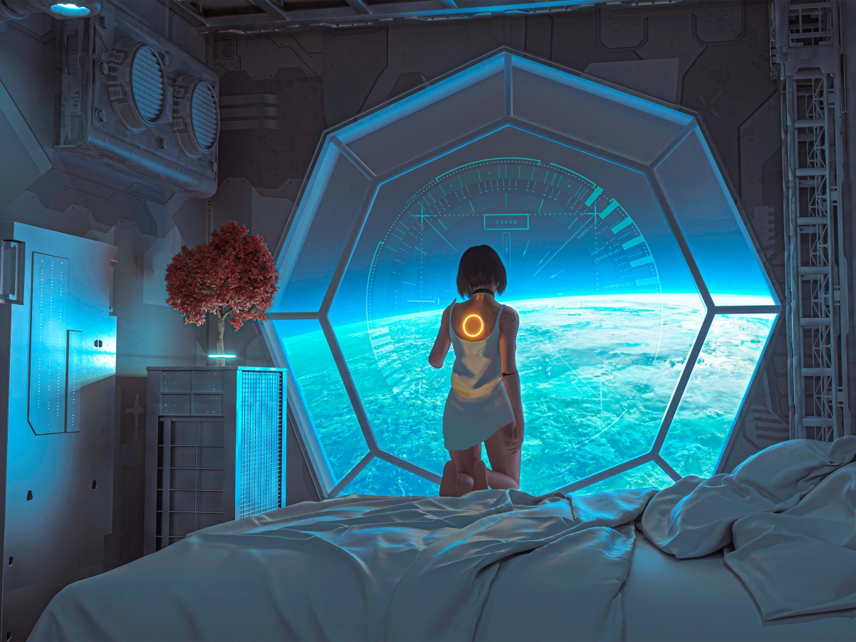 科幻少女宇宙之旅，机械女孩房间高清壁纸，2732x2048平板专属下载