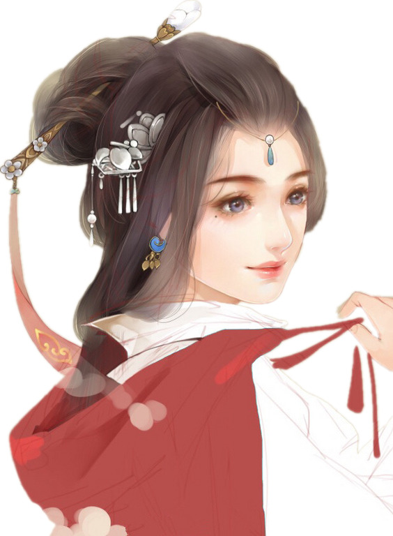 红衣女子回眸古风立绘PNG透明素材，高清花瓣漂浮元素下载