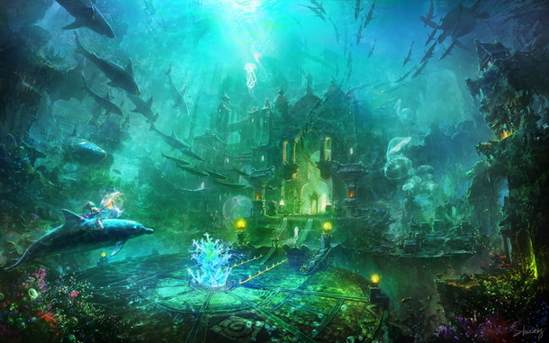 魔幻海底宫殿，高清PNG透明背景，卡通手绘绿色海报设计素材下载