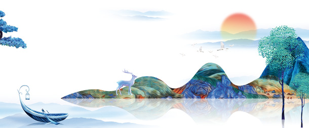 梦幻山水插画，小鹿跃动，高清PNG透明背景，抽象梦幻PSD设计素材下载