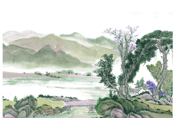 中国风山水画背景PNG透明图，高清装饰元素，设计素材免费下载