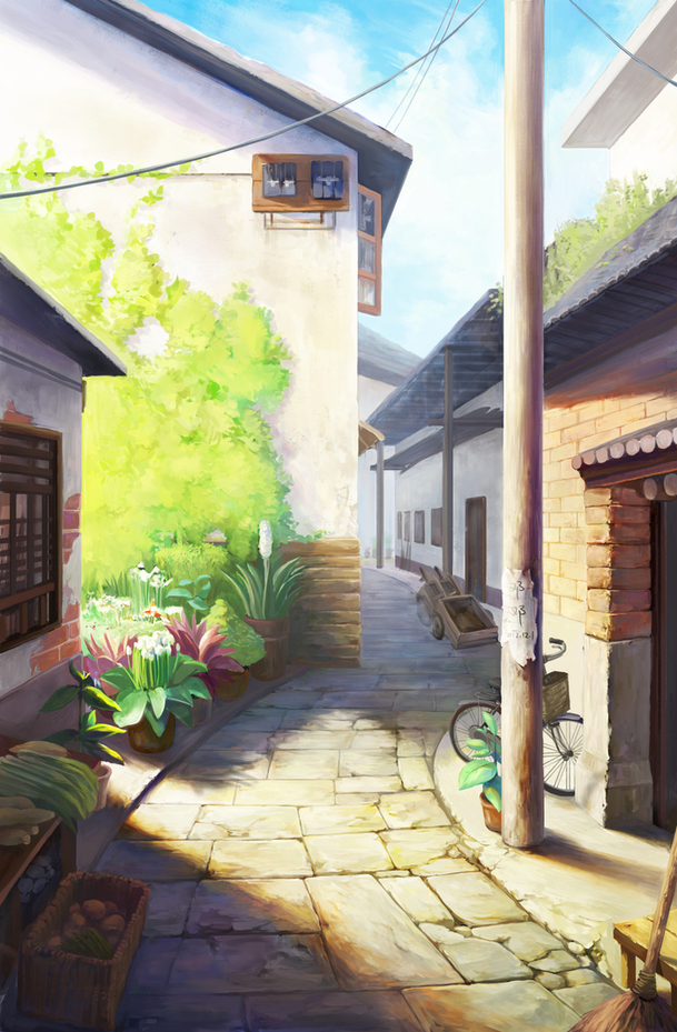 水彩手绘古老街道PNG素材，卡通风格透明背景海报设计元素