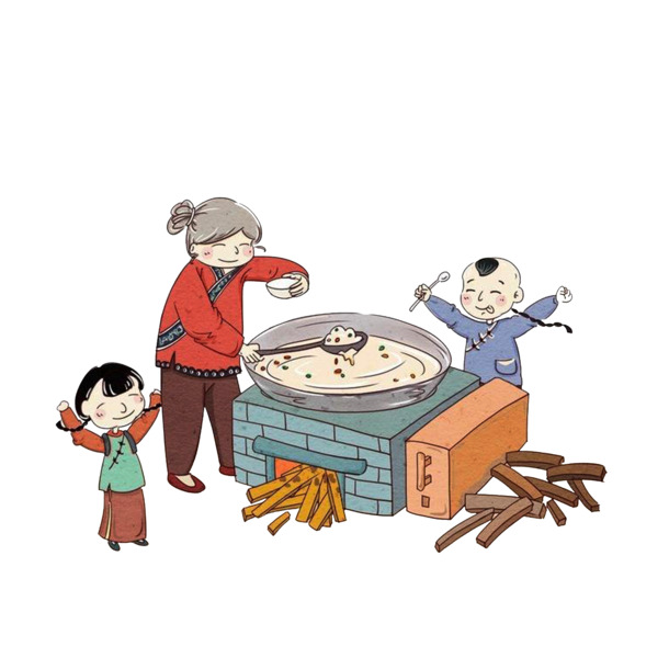 腊八粥手绘卡通PNG透明图，灶台烹饪场景，高清下载