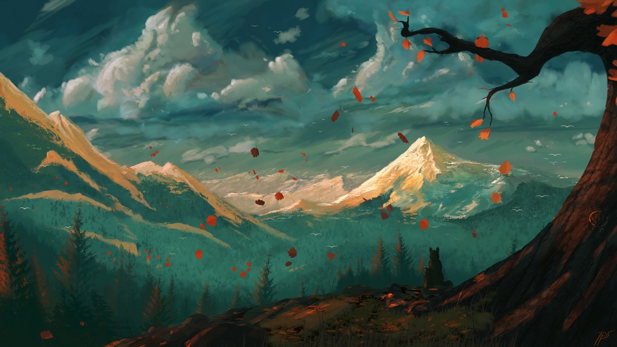 秋韵画卷，树影伴犬，落叶高山，唯美4K风景壁纸高清下载