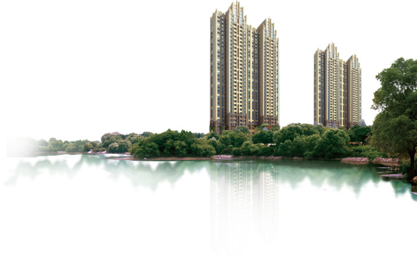 湖边海景高楼生态小区美景PNG透明背景图片素材，高清摄影设计元素下载