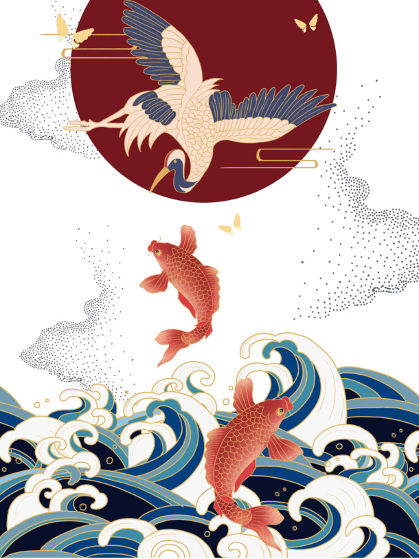 国潮元素大放送，仙鹤金鱼海浪PNG免抠素材，高清透明，设计无忧下载！