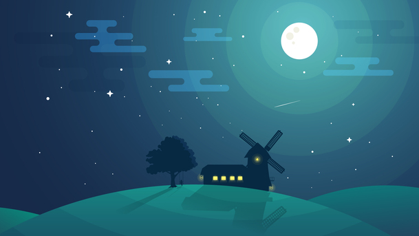 手绘蓝色星空草地PNG背景，卡通手绘素材，高清透明下载