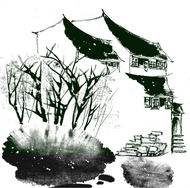 黑色建筑水墨PNG透明图，装饰元素与笔触设计素材下载
