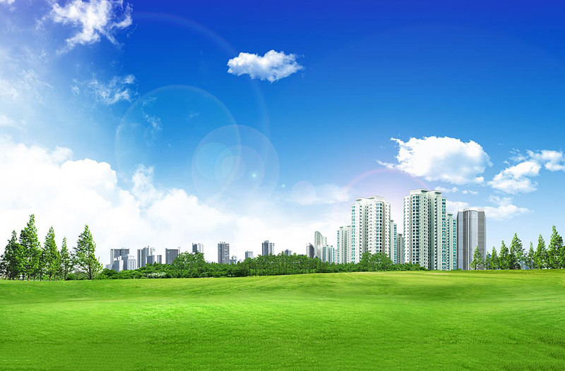 城市绿地蓝天背景图，高清JPG下载，创意图片设计素材