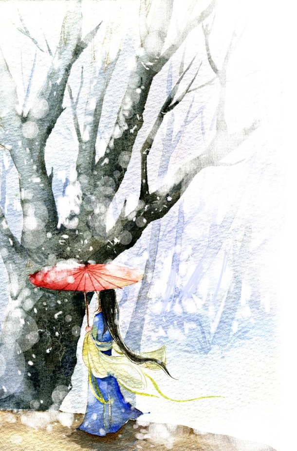 水彩古风手绘，忧郁插画PNG透明背景，高清卡通设计素材下载