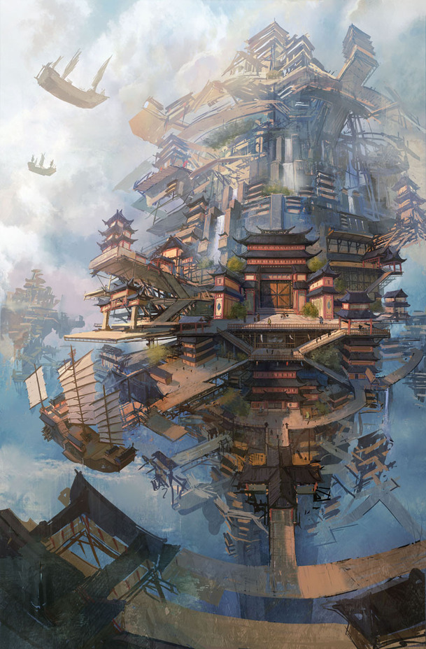 天空古城动漫插画，高清PNG透明背景，H5设计素材免费下载