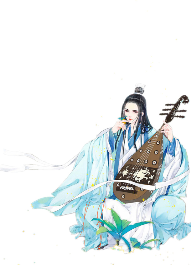 琵琶男子古风立绘PNG透明图，高清花瓣漂浮元素，设计素材下载