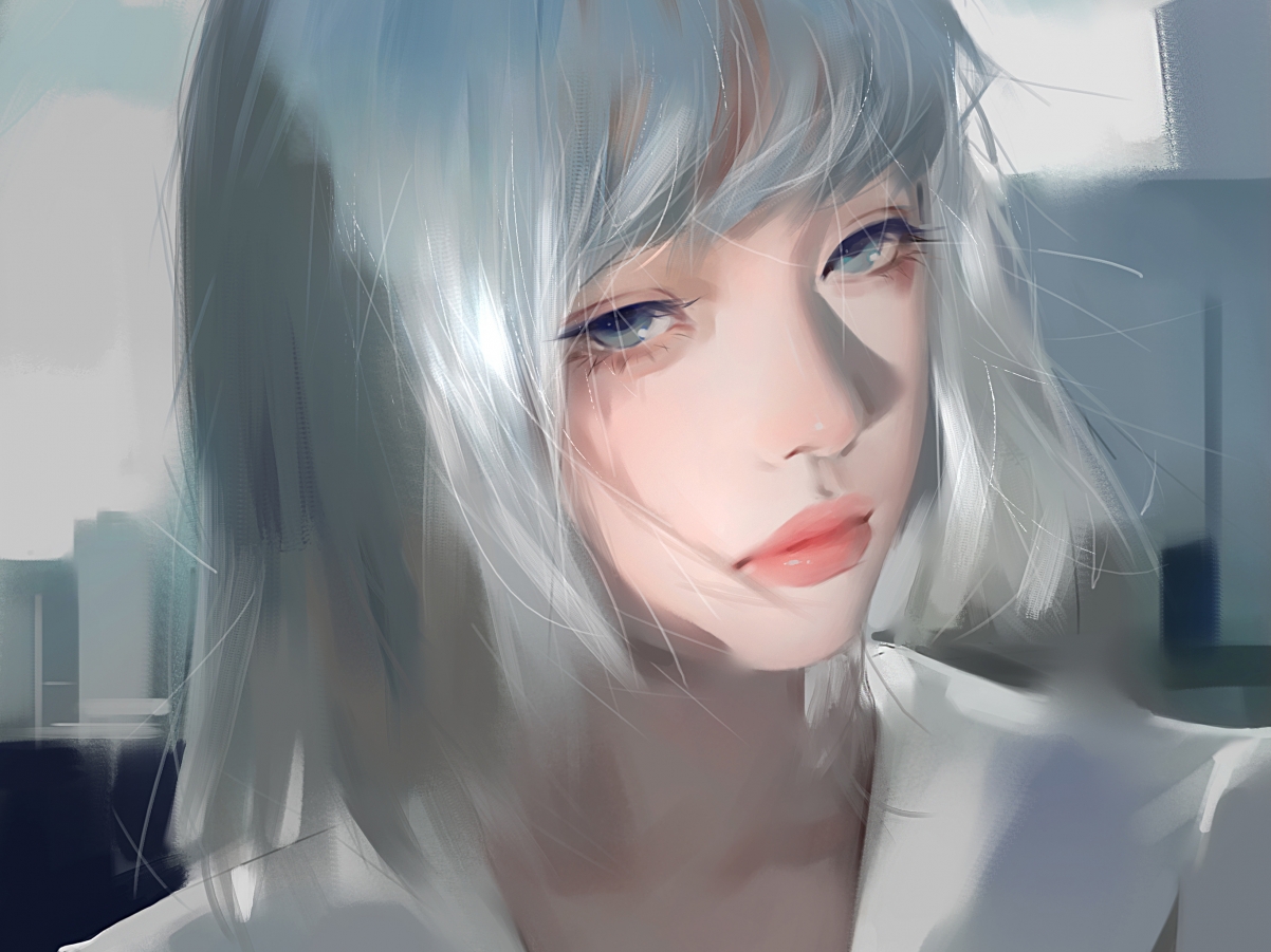 白发动漫少女厚涂风格平板壁纸，高清2732x2048像素，一键下载