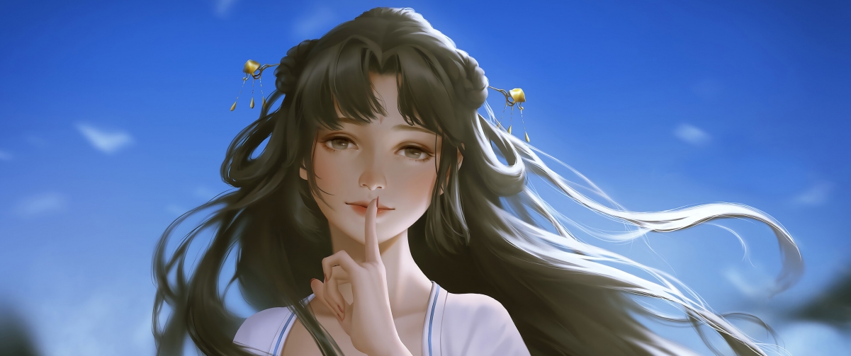 3440x1440高清壁纸，可爱长发美女穿白裙，带鱼屏动漫图片欣赏与下载