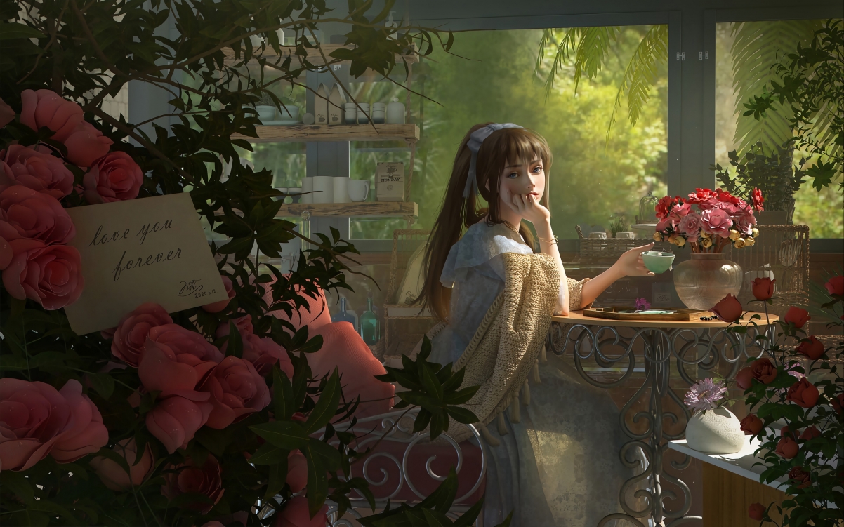 披肩女孩·生活美学，玫瑰花园阳光下的居家时光，尽享4K动漫壁纸高清下载