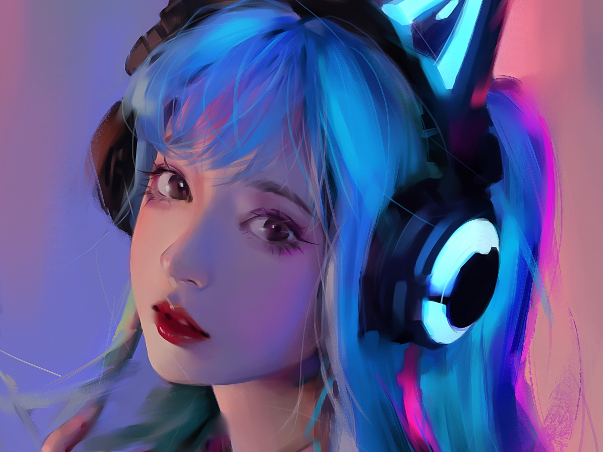女孩时尚耳麦音乐，动漫平板壁纸精选，高清2732x2048图片下载