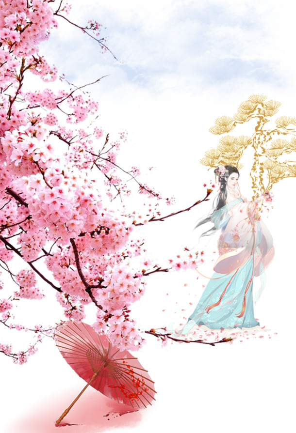 樱花美女拼图PNG透明背景，古典中国风设计素材高清下载