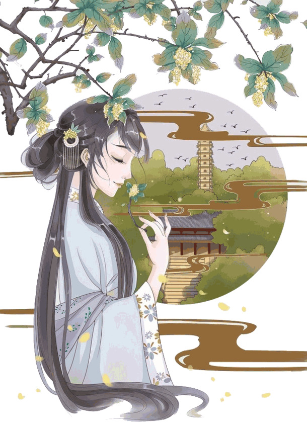 思乡女倚桂花，高清PNG透明图片，精美植物元素，设计素材免费下载