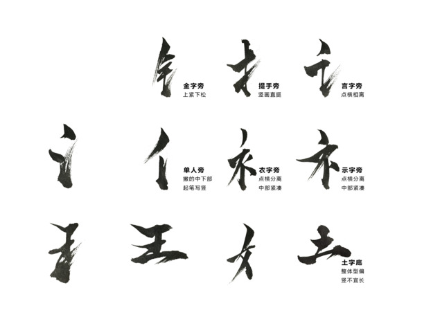 传统文化汉字偏旁部首PNG透明图，墨迹笔触装饰素材，高清下载