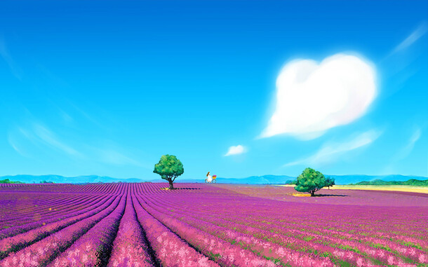 薰衣草花海唯美PNG背景，卡通手绘元素，高清透明设计素材下载