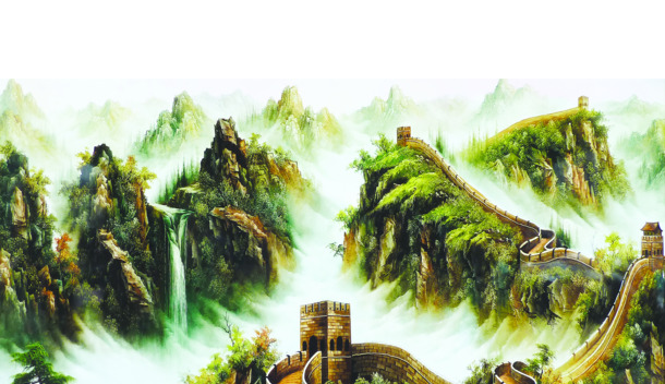 山水画长城PNG素材，高清透明背景，卡通手绘风格，免费下载