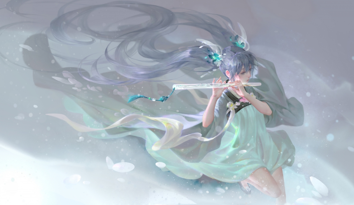 初音女孩笛音悠扬，4K长发长裙动漫壁纸，高清大图4000x2317免费下载
