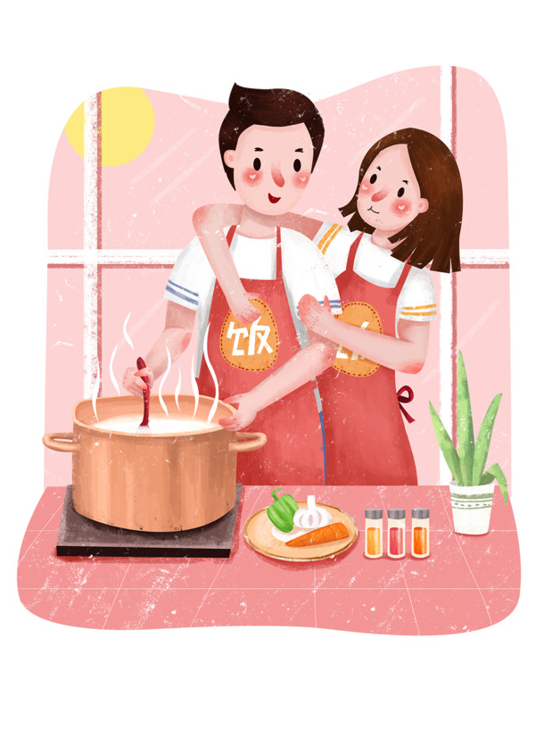 情侣卡通手绘做饭PNG透明图片，高清卡通元素设计素材下载