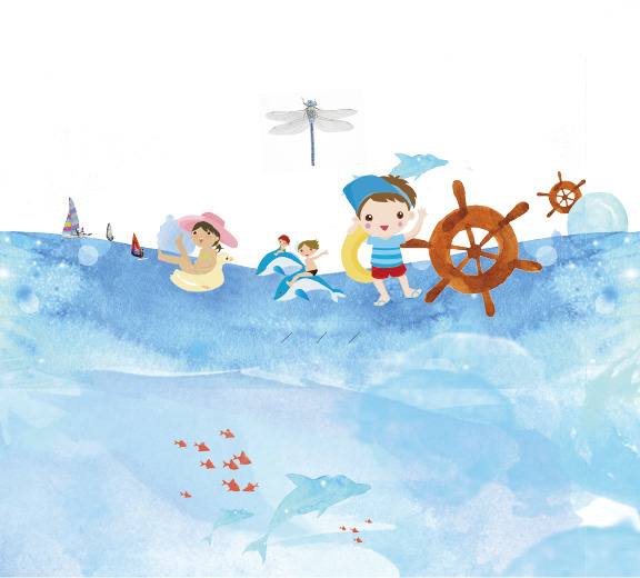 蓝色手绘水上乐园插画，唯美高清PNG透明图片，卡通手绘元素PSD素材下载