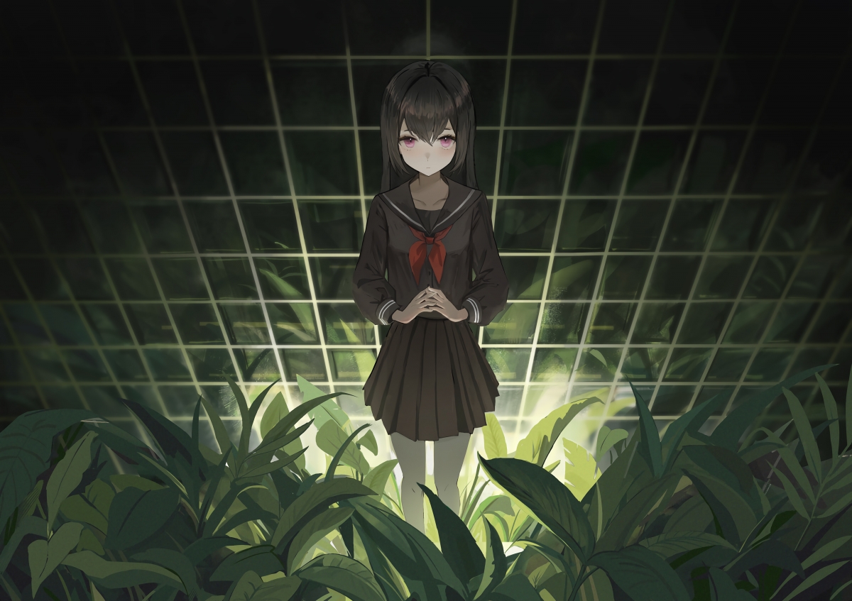 绿裙少女动漫插画，百褶制服配黑植，高清4K壁纸下载