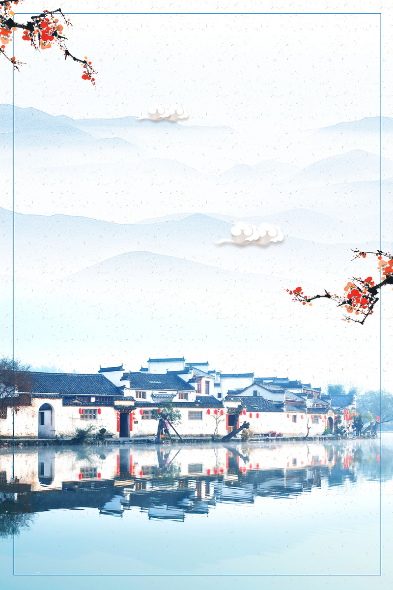 中国风徽派建筑海报背景，高清JPG素材，创意另类图片设计资源下载