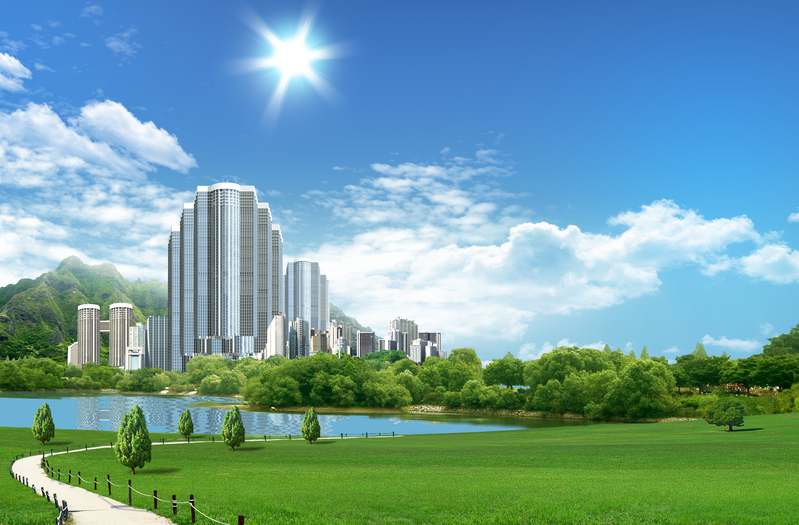 高清绿色城市海报背景素材，和谐美好主题，JPG/PSD格式任选下载
